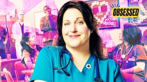 A photo illustration of Allison Tolman on St Denis Medical for Obsessed podcast.