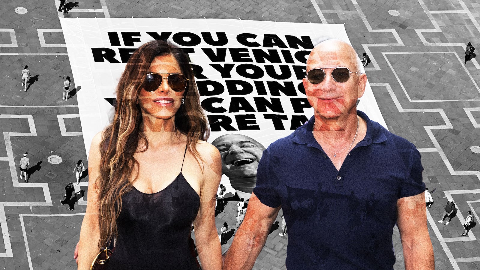 Photo collage illustration of Lauren Sanchez and Jeff Bezos overlayed over a protest sign in Venice, Italy