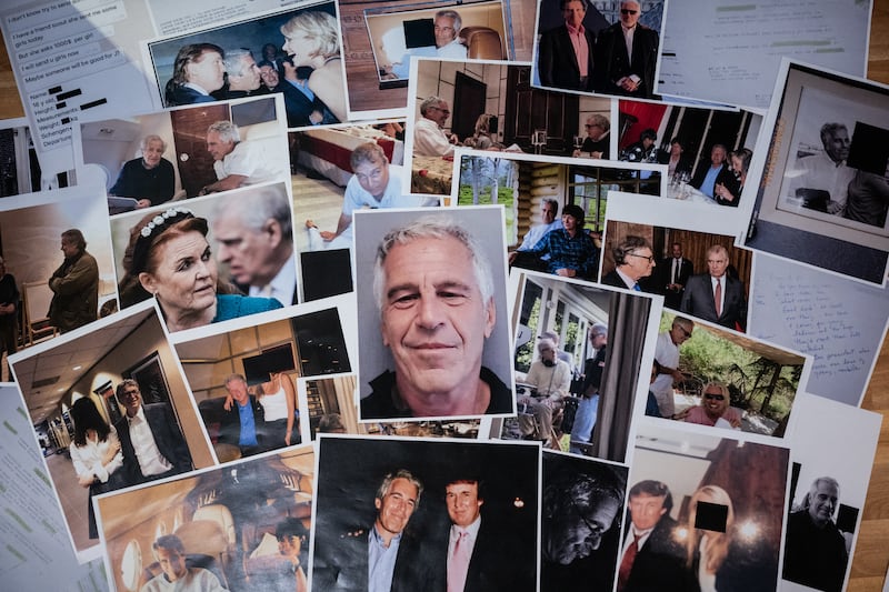 A compilation of images of people connected to Jeffrey Epstein, with a mug shot of Epstein at the center.