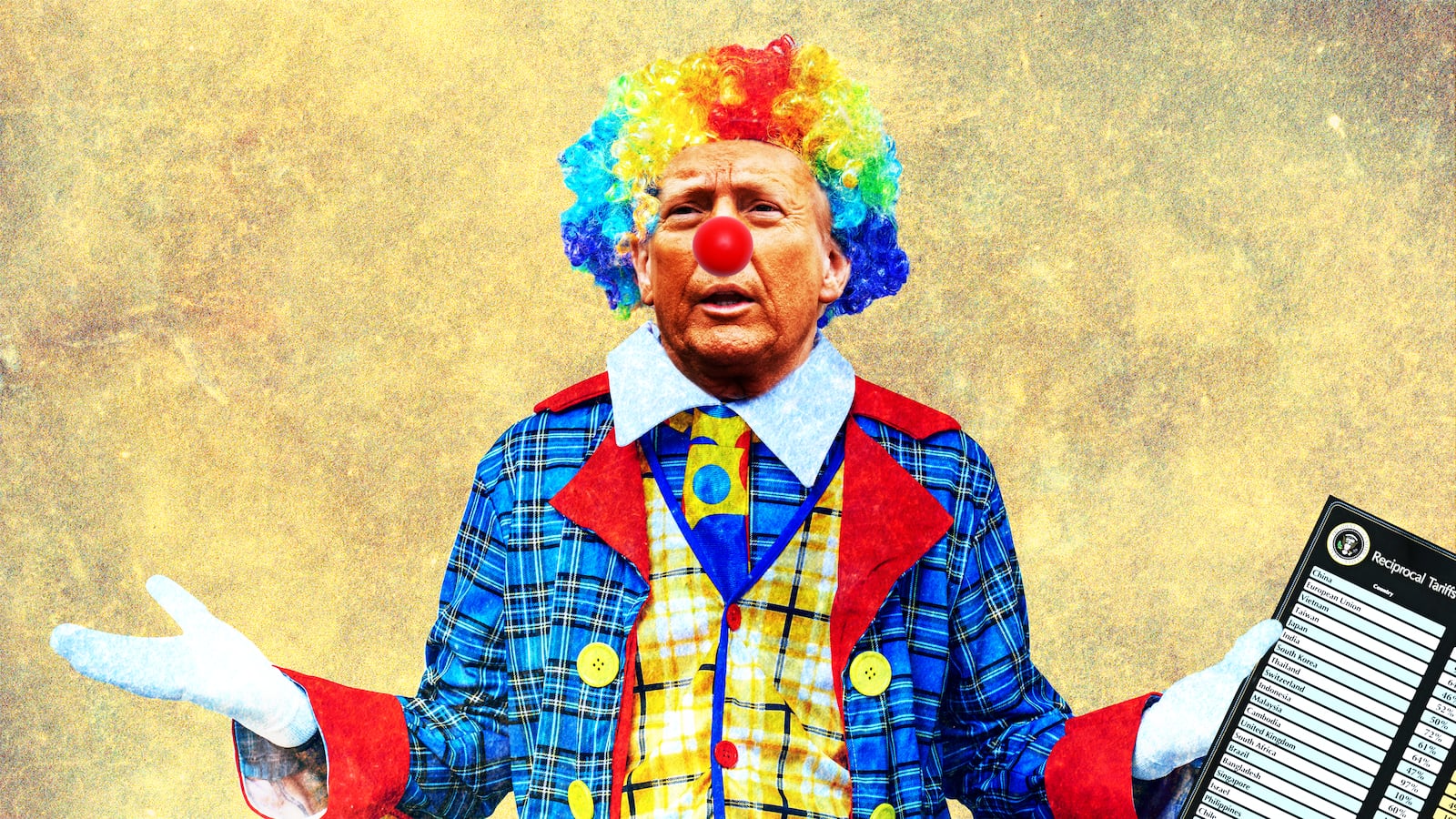 Trump clown holding tariff card