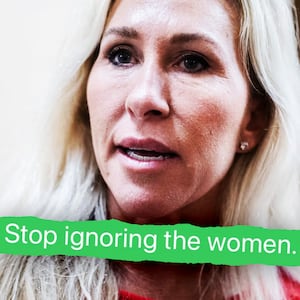 Marjorie Taylor-Greene and a snippet of her text to Donald Trump.