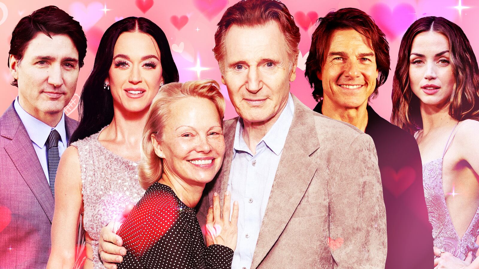 A photo illustration of Justin Trudeau, Katy Perry, Pamela Anderson, Liam Neeson, Tom Cruise, and Ana de Armas.