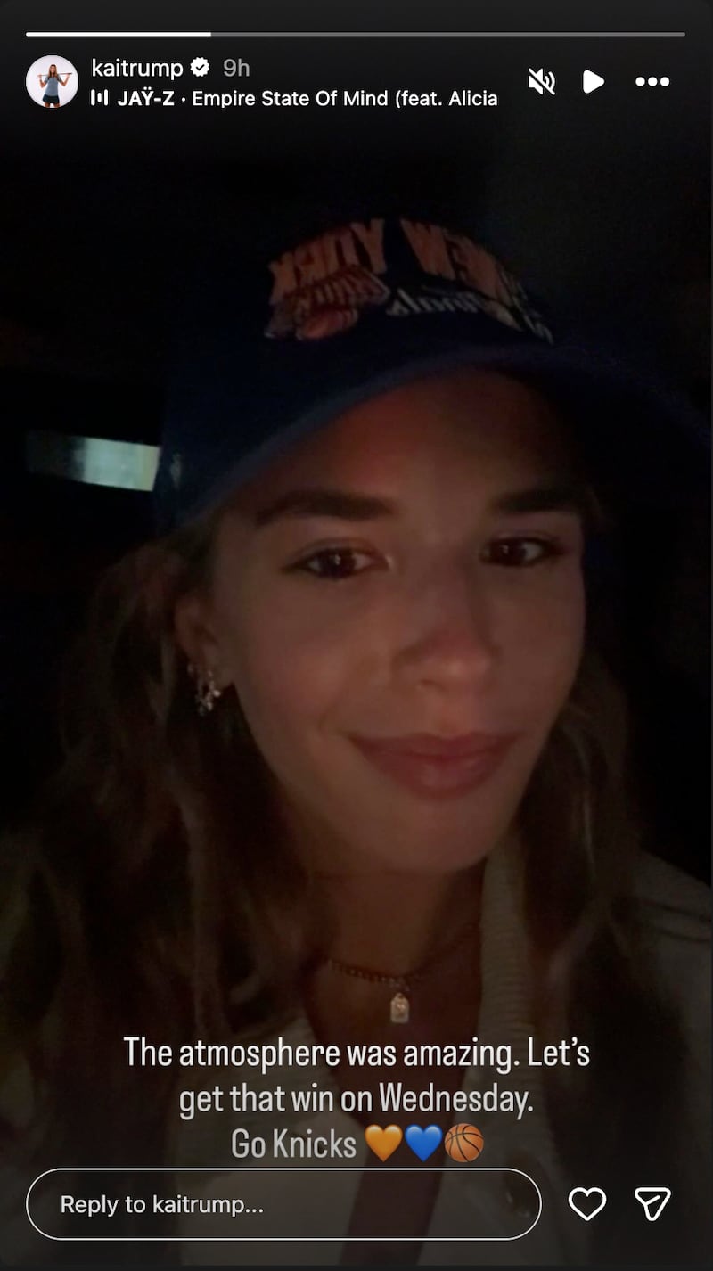 Kai Trump posts on her Instagram story, mentioning the "amazing atmosphere” at MSG.