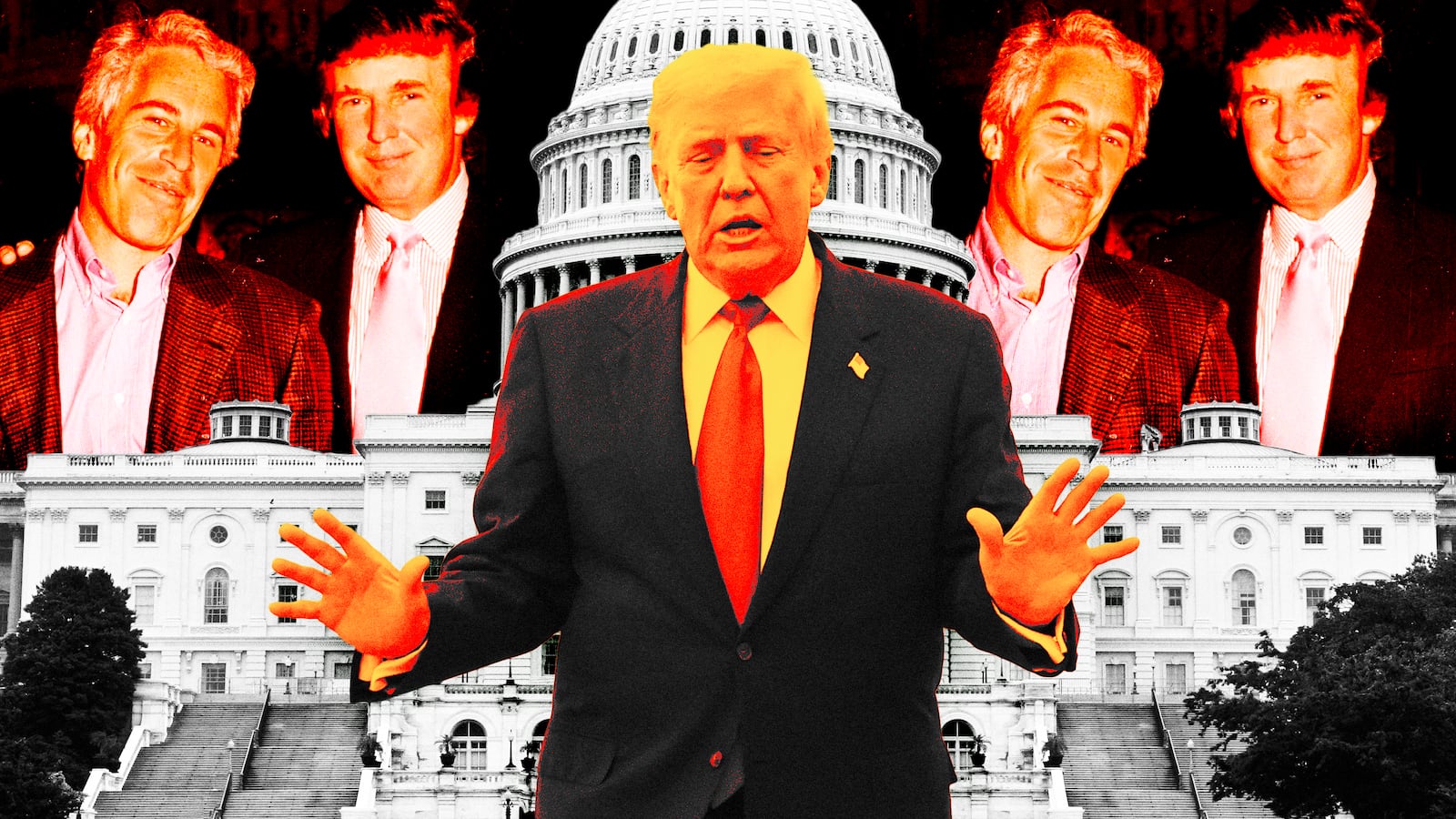 A photo illustration of Donald Trump, Jeffrey Epstein, and the Capitol building.