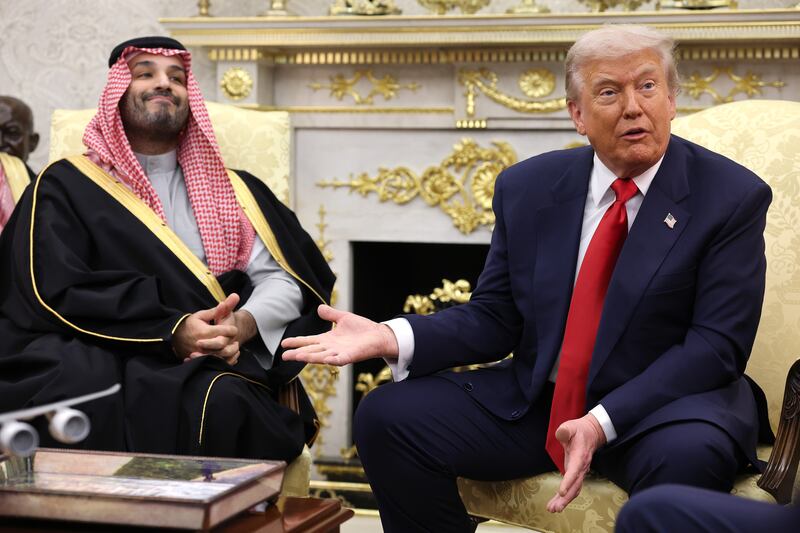 WASHINGTON, DC - NOVEMBER 18: U.S. President Donald Trump (R) speaks during a bilateral meeting with Crown Prince and Prime Minister Mohammed bin Salman of Saudi Arabia (L) in the Oval Office of the White House on November 18, 2025 in Washington, DC. Trump is hosting the crown prince for meetings aimed at strengthening economic and defense ties, including the U.S. sale of F-35 fighter jets to Saudi Arabia. (Photo by Win McNamee/Getty Images)