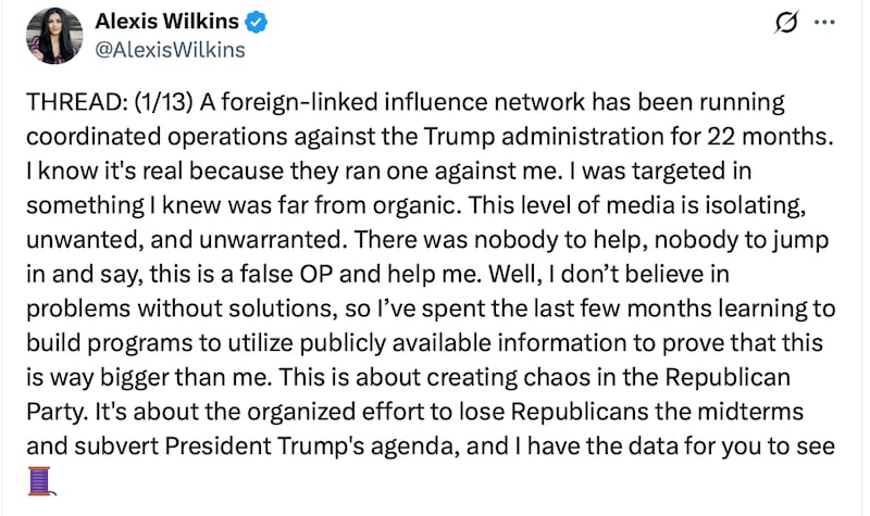 Alexis Wilkins starts her 13 post thread on X.