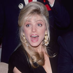 Marla Maples and Donald Trump attend Joey Adams' 80th birthday party at the Helmsley Hotel in New York City on January 7, 1991. (Photo by Sonia Moskowitz/Getty Images)