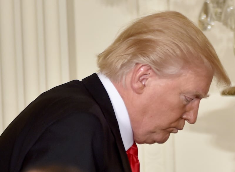 President Donald Trump leaves after speaking during a press conference on Feb. 16, 2017, at the White House in Washington, D.C.