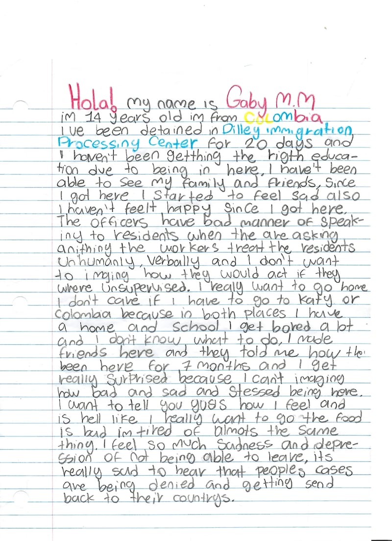 A letter from 14-year-old Gaby describes not feeling happy since she arrived in Dilley.
