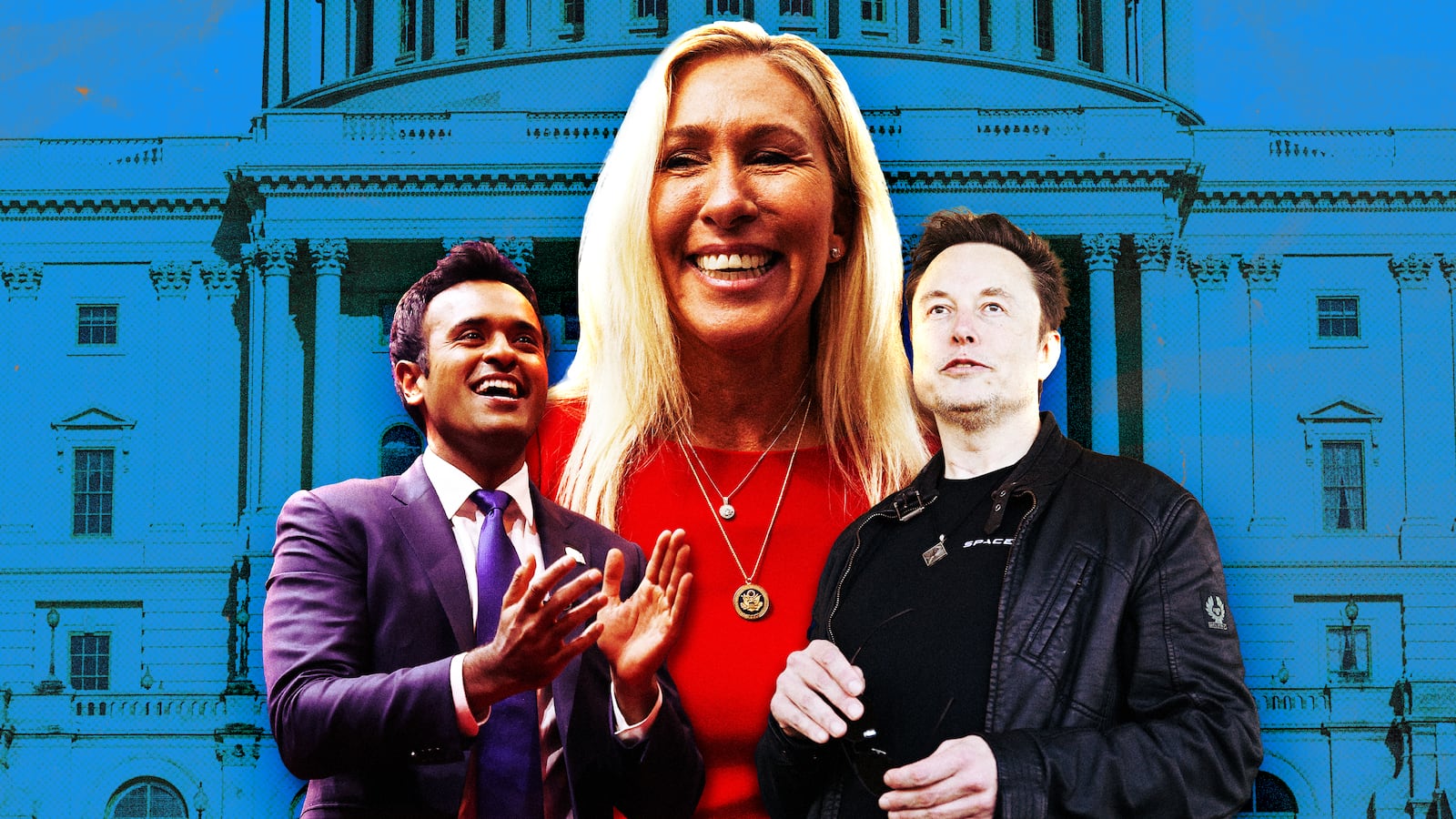 A photo illustration of Vivek Ramaswamy, MTG, and Elon Musk.