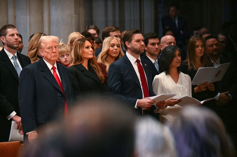 US President Donald Trump (L), First Lady Melania Trump (2nd L), Vice President J.D. Vance (2nd R) and Second Lady Usha Vance (R) attend the National Prayer Service at the Washington National Cathedral in Washington, DC, on January 21, 2025. (Photo by Jim WATSON / AFP) (Photo by JIM WATSON/AFP via Getty Images)