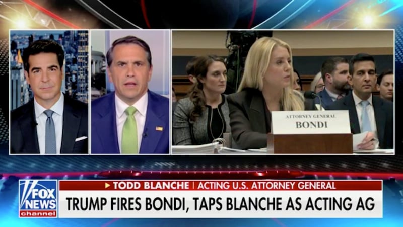 Jesse Watters interviews Todd Blanche on Fox News.