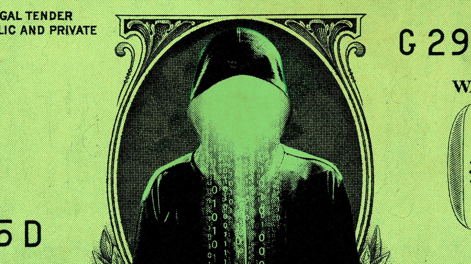 A photo illustration of a hooded figure inside a dollar bill