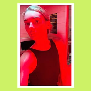 A photo composite for The Looker for a compact home sauna.