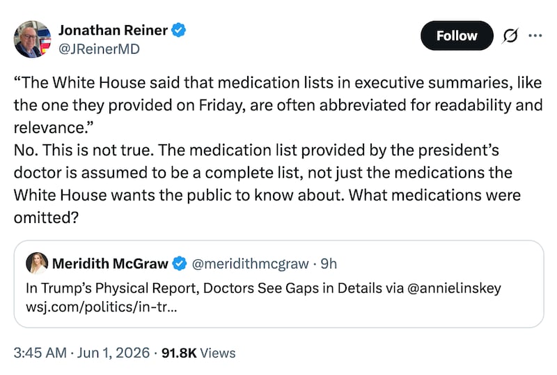 Jonathan Reiner's X.com post contradicting the White House statement on Trump's medical report.
