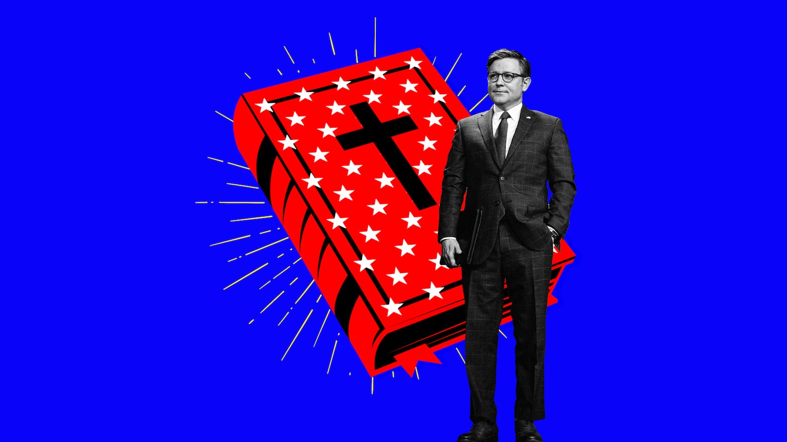 A photo illustration of House Speaker Mike Johnson and a Bible with USA flag stars.