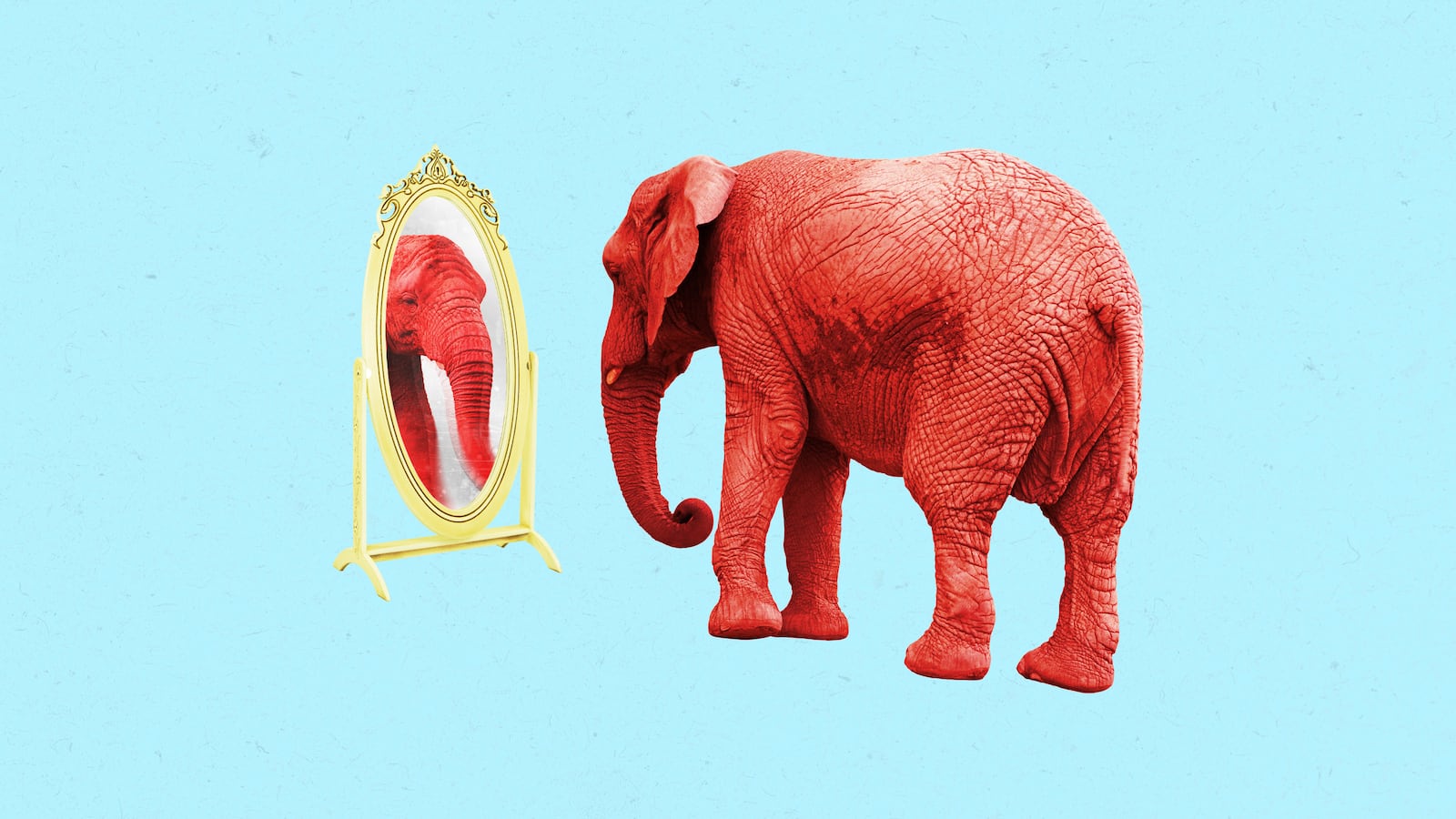A photo illustration of a red elephant looking into a mirror.