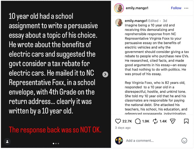 Instagram post about Rep. Virginia Foxx's letter to a 10-year-old