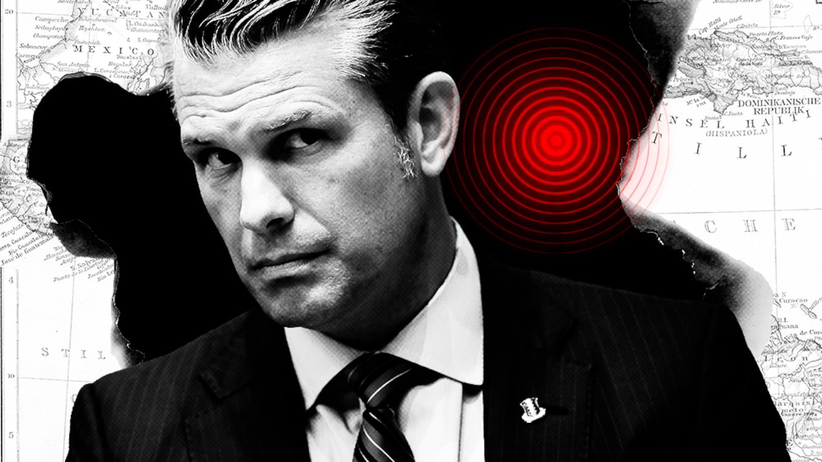 Pete Hegseth in front of a destroyed map of the Caribbean.