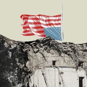 Illustration of the destruction of the East Wing of the White House with an upside down American flag