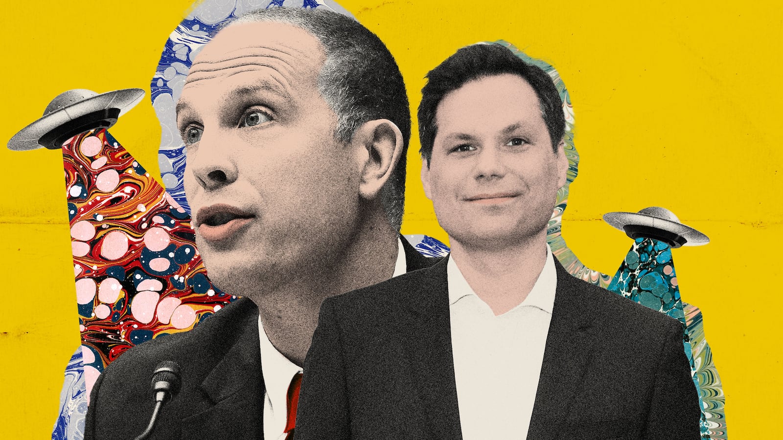 Photo illustration of Michael Ian Black and David Grusch