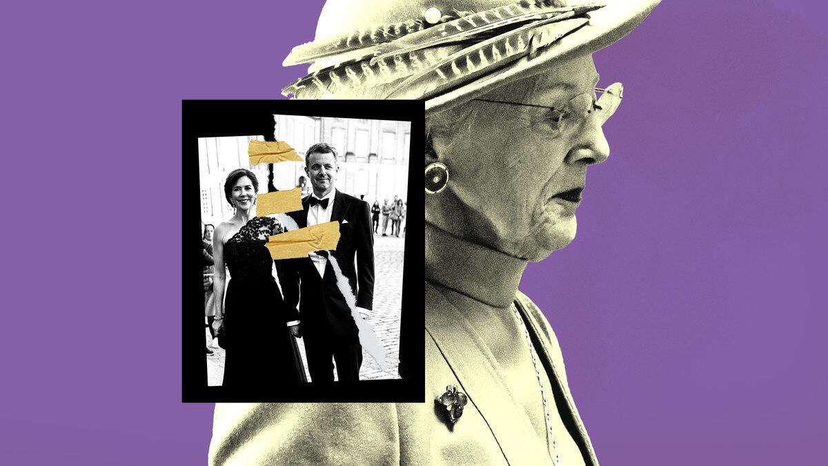 A photo illustration of Queen Margrethe II with a torn photo of Prince Frederik and Princess Mary taped together