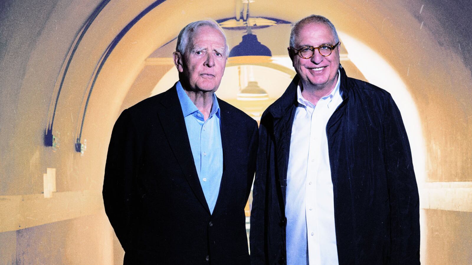 A photo including Stephen Cornwell, John le Carré (David Cornwell) and Simon Cornwell behind-the-scenes of “The Pigeon Tunnel” on Apple TV+