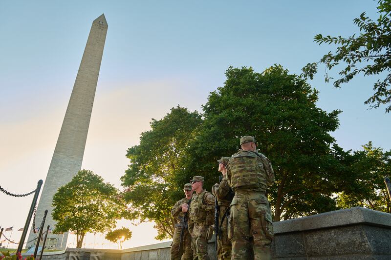 Members of the National Guard patrol the National Mall in Washington D.C. on orders from President Donald Trump, on August 25, 2025.