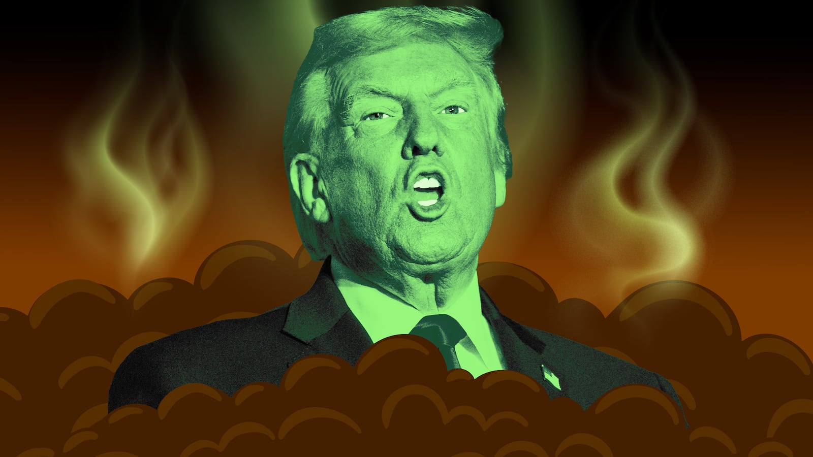 A photo illustration of Donald Trump in a pile of feces.