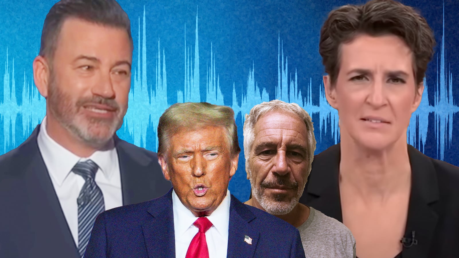 Rachel Maddow, Jimmy Kimmel, Jeffrey Epstein, Donald Trump illustration