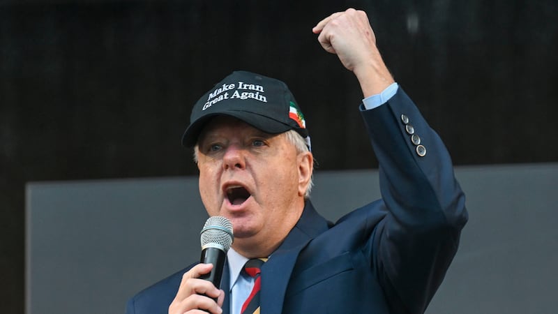 Lindsey Graham, Member of the US Senate, speaks to the people during the demonstration for human rights in Iran at Theresienwiese during the 62nd Munich Security Conference on February 14, 2026 in Munich, Germany.