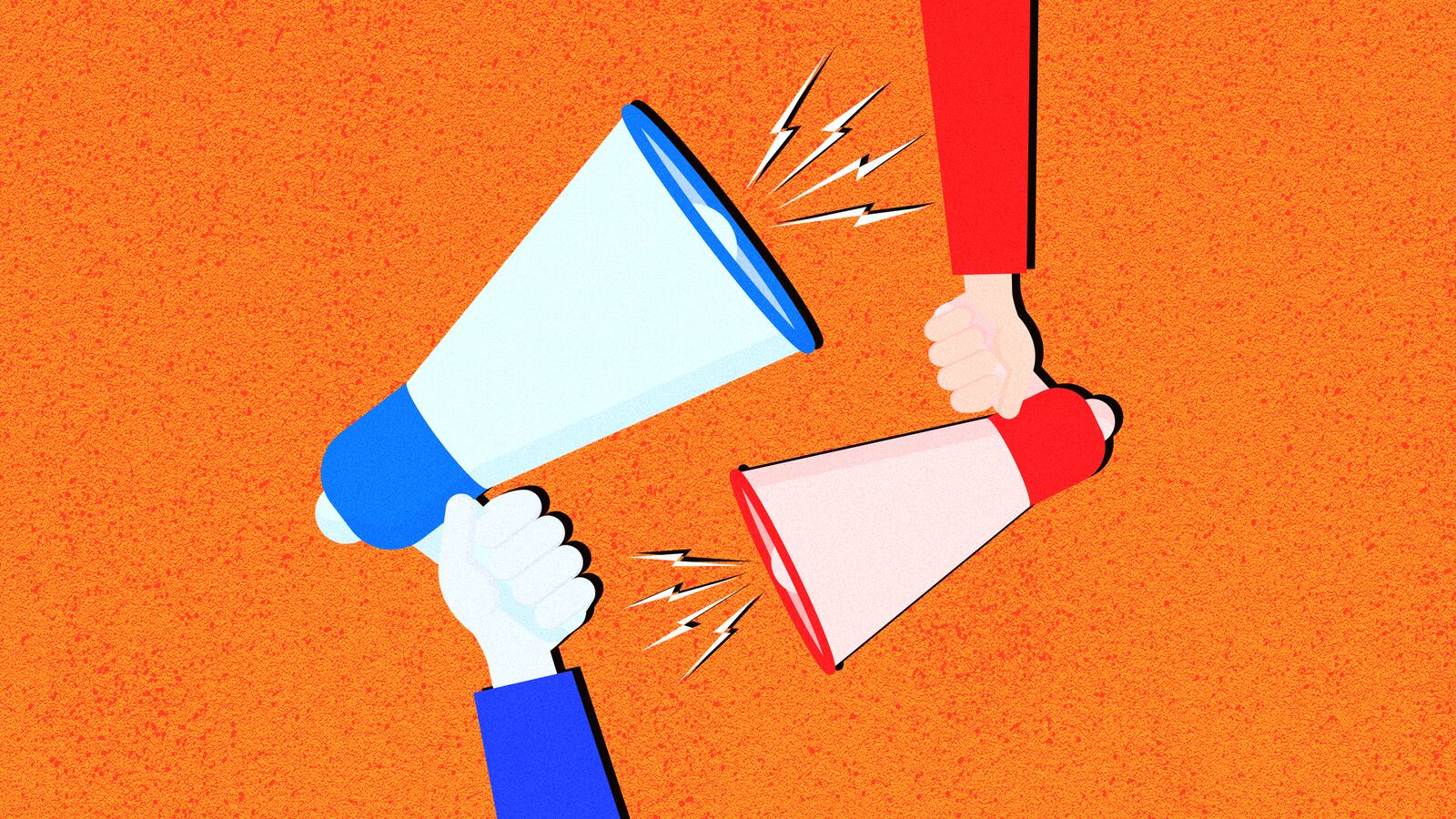 A photo illustration of two arms holding red and blue megaphones.