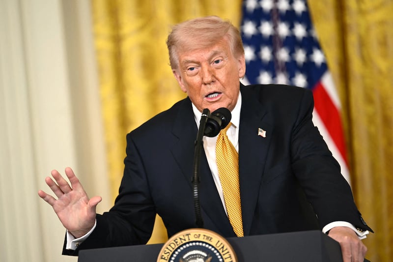 President Donald Trump speaks during a Military Mother's Day Event in the East Room of the White House in Washington, DC, on May 6, 2026.