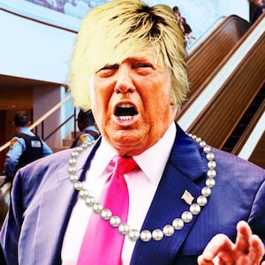 A photo illustration of Donald Trump as a "Karen" in front of the United Nations escalator.