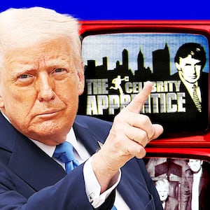 A photo illustration of Donald Trump pointing at television sets with The Apprentice on them.