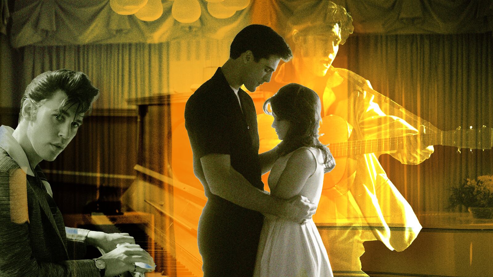 An illustration including photos of Austin Butler in the film Priscilla and Jacob Elordi in the film Elvis