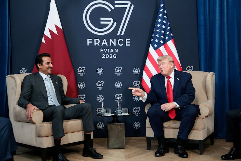 U.S. President Donald Trump attends a bilateral meeting with the Emir of Qatar, Sheikh Tamim bin Hamad Al Thani, on the sidelines of the G7 summit, in Evian-les-Bains, France, June 16, 2026. REUTERS/Evelyn Hockstein