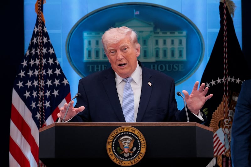 President Donald Trump holds a press conference in the James S. Brady Press Briefing Room at the White House in Washington, D.C., U.S., April 6, 2026.