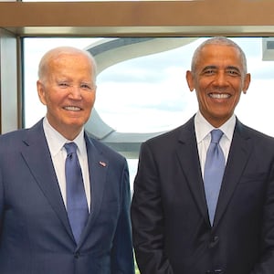 Former President Joe Biden, from left, former President Barack Obama, former President George W. Bush, and former President Bill Clinton, pose for a photo ahead of the dedication ceremony at the Obama Presidential Center, Thursday, June 17, 2026, in Chicago.