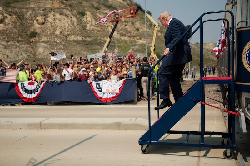 U.S. President Donald Trump steps off a ceremonial train after arriving for the dedication of the Theodore Roosevelt Presidential Library in Medora, North Dakota, U.S., July 1, 2026.