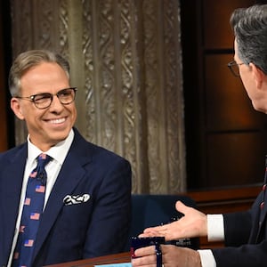 The Late Show with Stephen Colbert and guest Jake Tapper during Thursday’s April 16, 2026 show. Photo: Scott Kowalchyk ©2026 CBS Broadcasting Inc. All Rights Reserved.