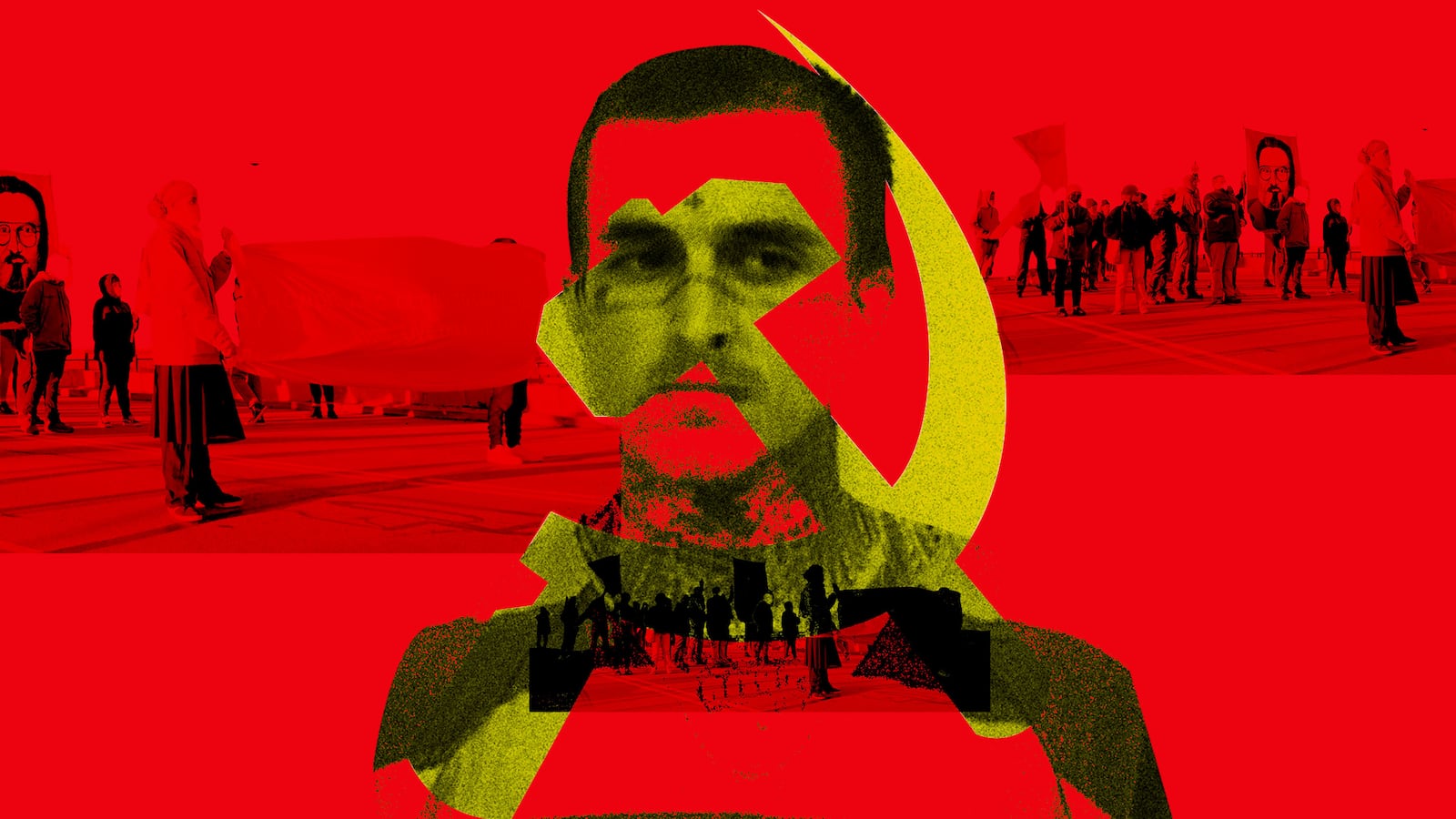 A photo illustration showing a mugshot of Jared Roark over the Communist of India or Maoist symbol, with images from a Red Guard protest.