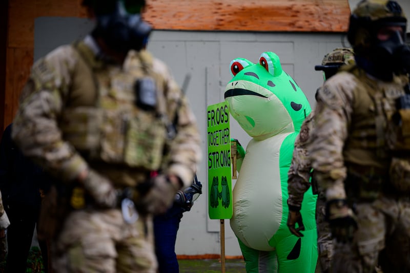A protester in a frog costume holds a sign at the U.S. Immigration and Customs Enforcement building on October 12, 2025 in Portland, Oregon.