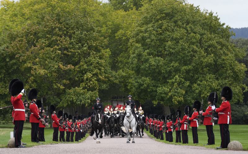 The carriage procession arrives at Windsor Castle on day two of the US President Donald Trump's second state visit to the UK on September 17, 2025 in Windsor, England.