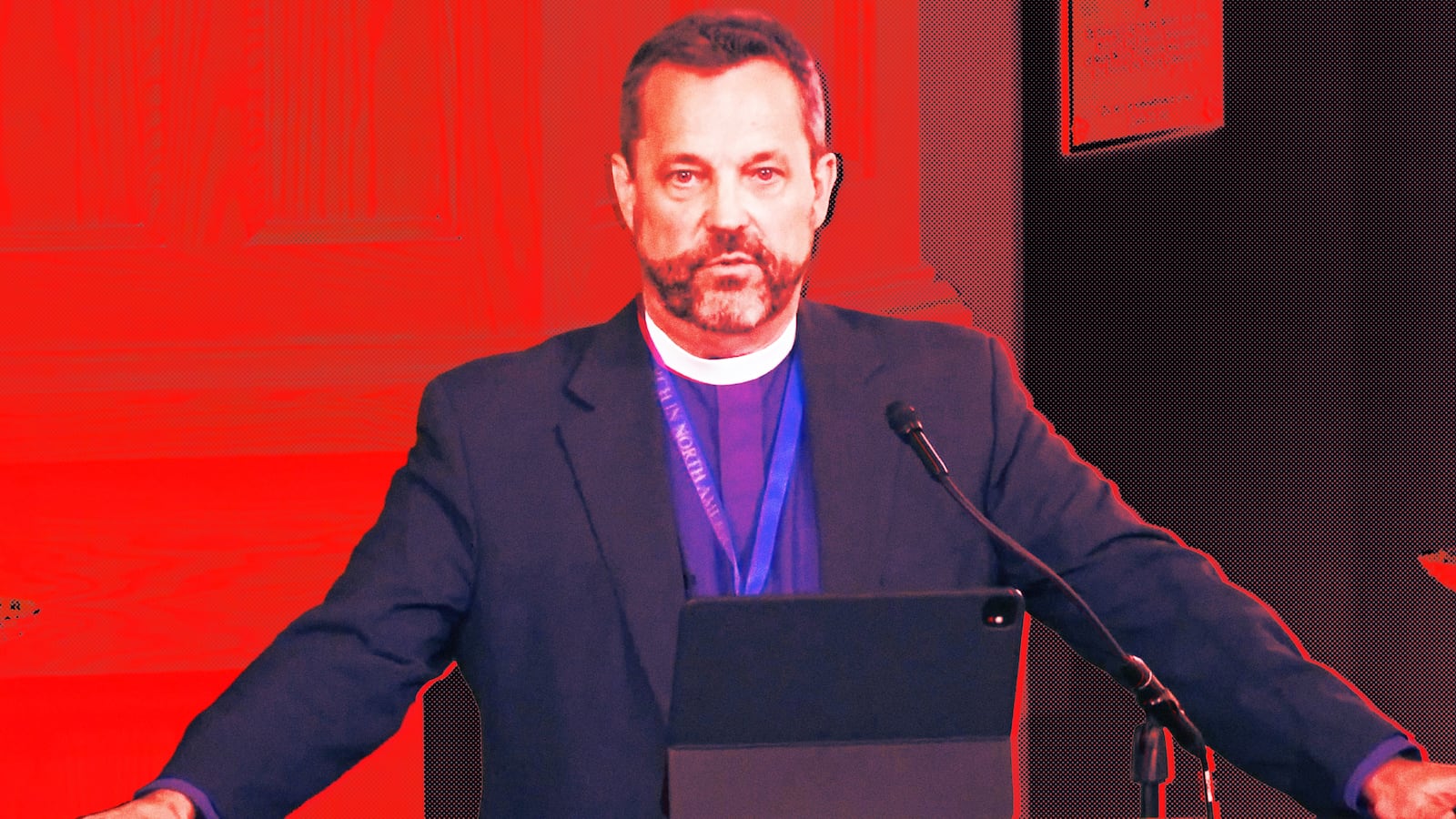 A photo illustration of Archbishop Steve Wood in his opening address at the 2025 Provincial Council.