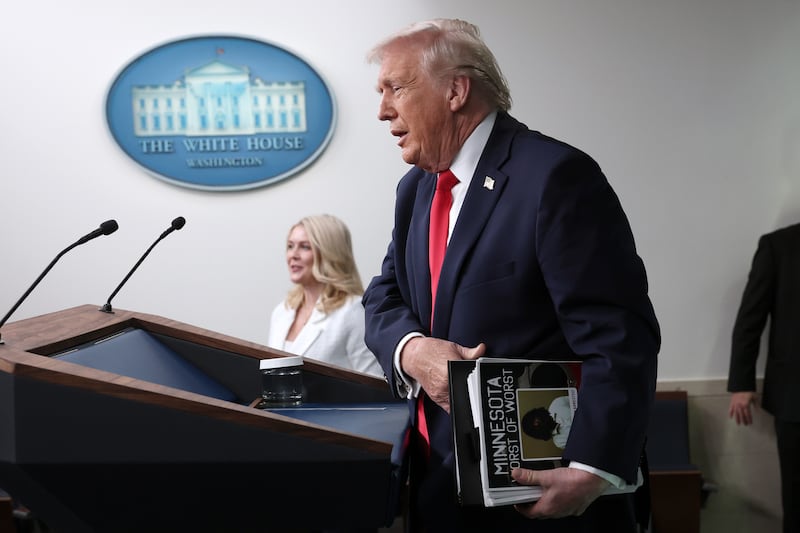 An exhausted-sounding President Donald Trump arrives for a press briefing at the White House on January 20, 2026.