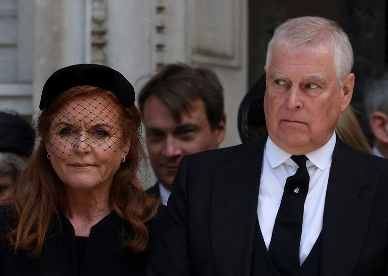Britain's Prince Andrew and his former wife, Sarah Ferguson, Duchess of York, leave Westminster Cathedral at the end of the Requiem Mass, on the day of the funeral of Britain's Katharine, Duchess of Kent, in London, Britain, September 16, 2025.
