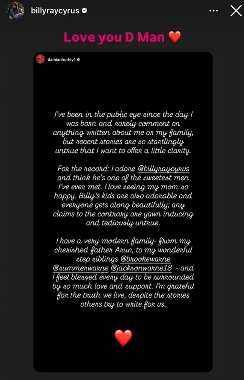 Billy Ray Cyrus reposting Damian Hurley's Instagram story