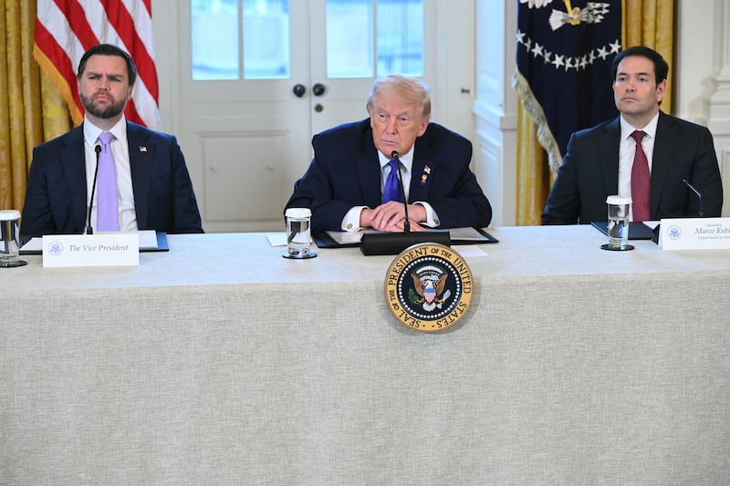 President Donald Trump seated between Vice President JD Vance and Secretary of State Marco Rubio on January 9 at a meeting with U.S. oil companies at the White House as both men are seen as likely GOP presidential hopefuls in 2028.
