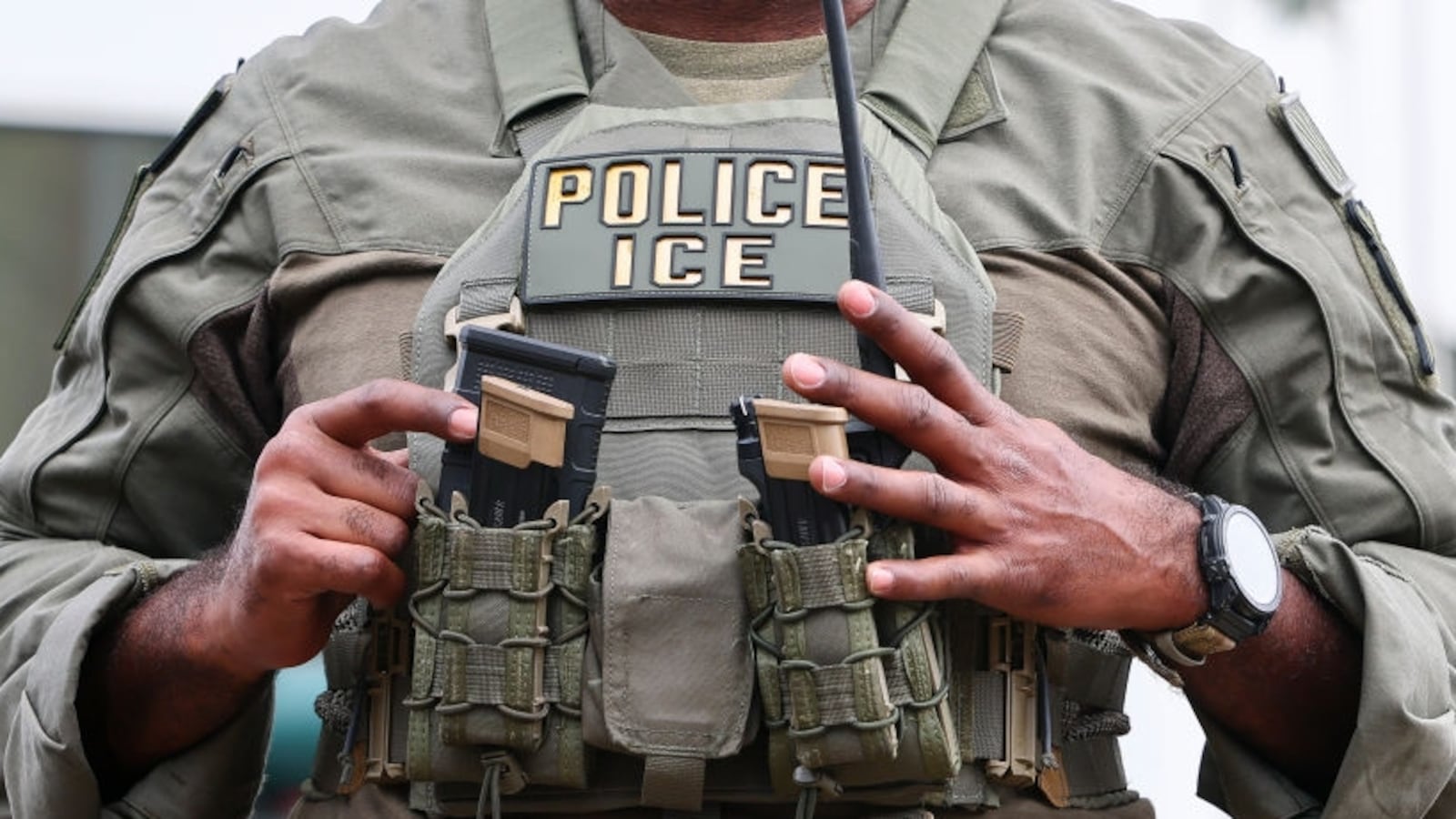An U.S. Immigration and Customs Enforcement's (ICE) personnel provides security in the French Quarter provides security in the French Quarter prior to Super Bowl LIX on February 08, 2025 in New Orleans, Louisiana.